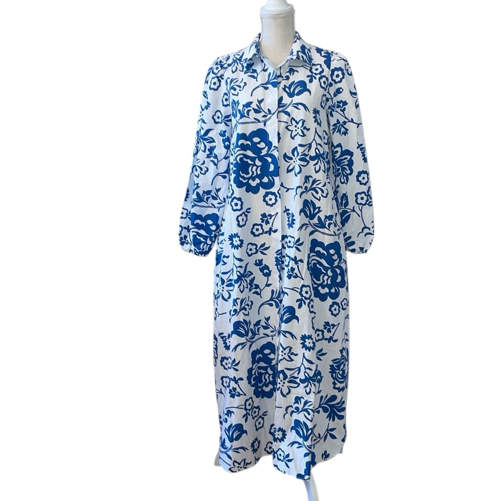 Refka Blue White Floral Button Down Cotton Blend Long Sleeve Maxi Dress Sz 6 NWT